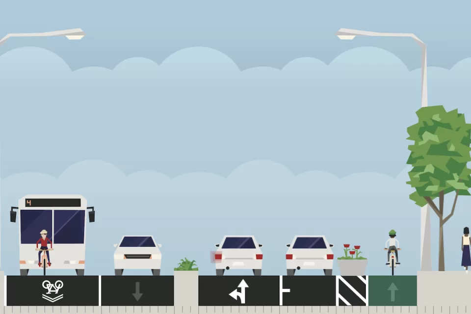 Graphic illustrating street with various lanes designed in Streetmix.